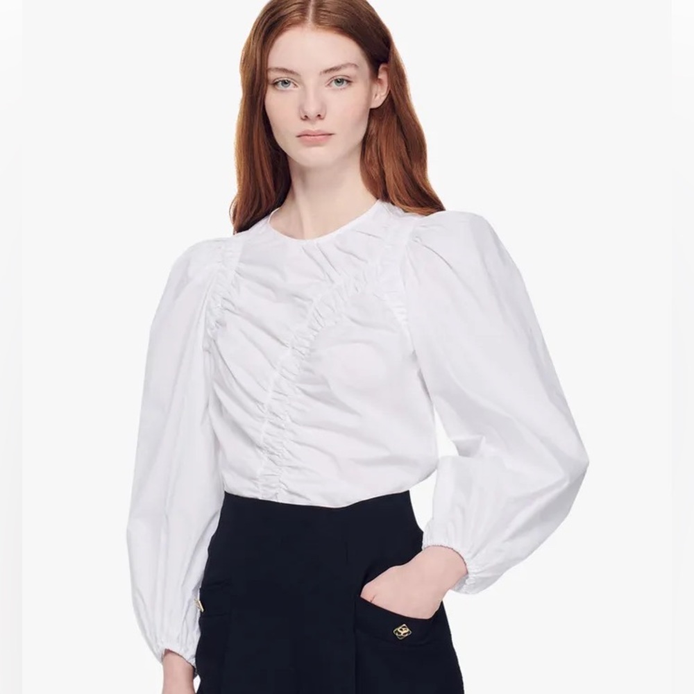 Sandro Yves Blanc round-neck cotton poplin top